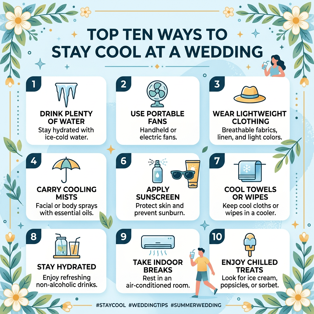 Top ten ways to stay cool at a wedding including drinking water, using fans, and applying sunscreen.